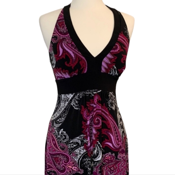 Bisou Bisou Maxi Halter Dress Size 4 Black, White, Pink &  Purple Paisley 💜 - Picture 3 of 8